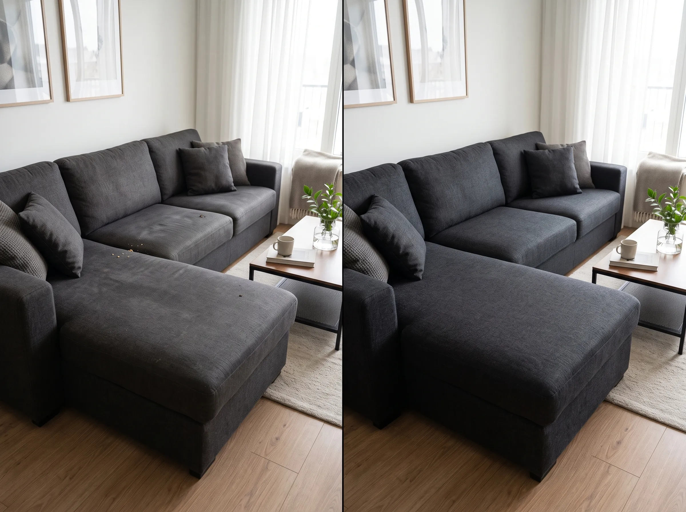 Before and after upholstery cleaning of a grey fabric sectional sofa